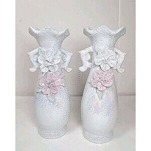 Vintage Set Of 2 Opalescent Porcelain White Lusterware Vase 8" Tall 3D Flowers